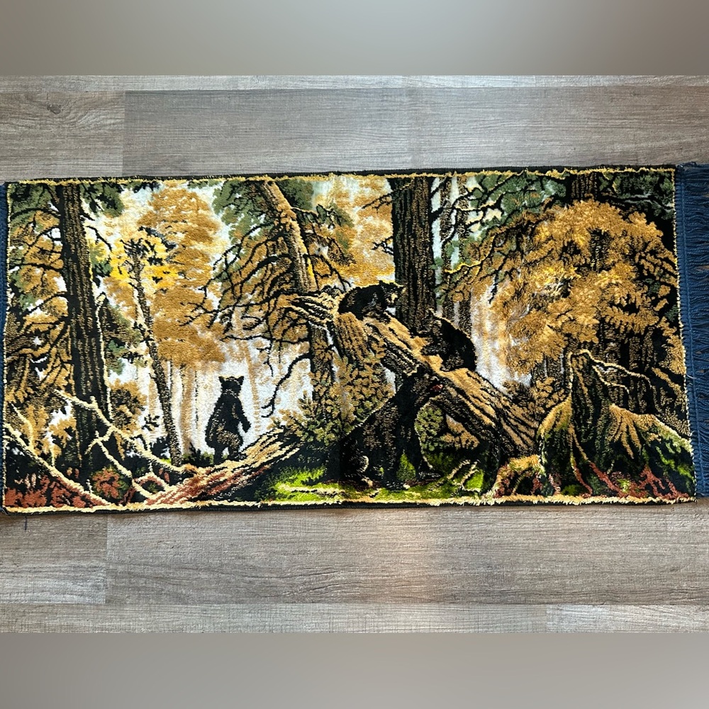 Vintage 1970s Philippine Bear Forest Velvet Velour Tapestry Rustic Cabin 44x19